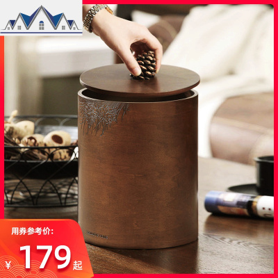 创意复古木质垃圾桶家用客厅卧室办公室厨房有盖垃圾桶 三维工匠