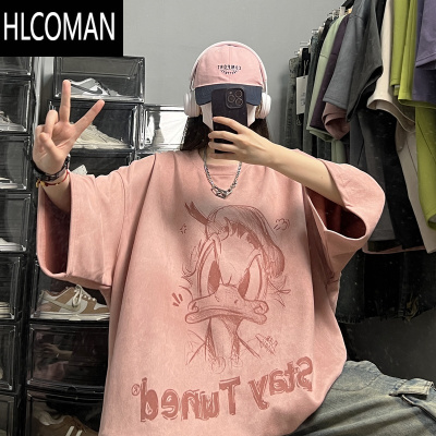 HLCOMAN唐老鸭粉色绒短袖t恤男潮牌美式青少年衣服夏季宽松半袖