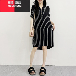 YIBUSHENG2024装人造棉宽松显瘦碎花棉绸连衣裙女沙滩裙海边度假短袖薄款