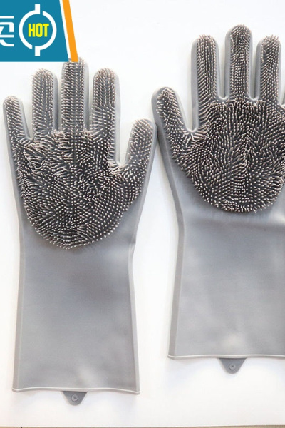 敬平多功能硅胶洗碗手套防水防烫冬天魔术家用清洁刷碗器男女刷加绒 灰色一双[送赠品] M