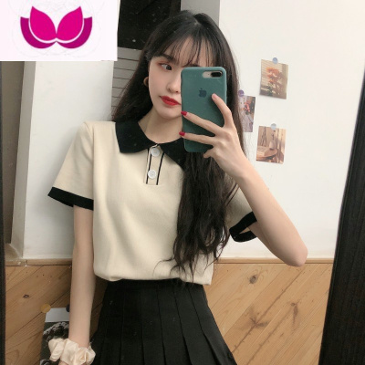 七斓绿色Polo领正肩T恤女设计感小众美式复古夏季冰丝短袖针织衫上衣