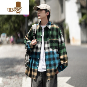 YANXU港风渐变格子长袖衬衫男秋装加肥加大码潮胖人宽松休闲衬衣薄外套
