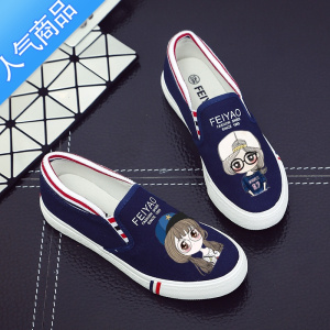 SUNTEK街头懒人一脚蹬帆布鞋女学生春夏百搭小白鞋卡通涂鸦韩版平底布鞋