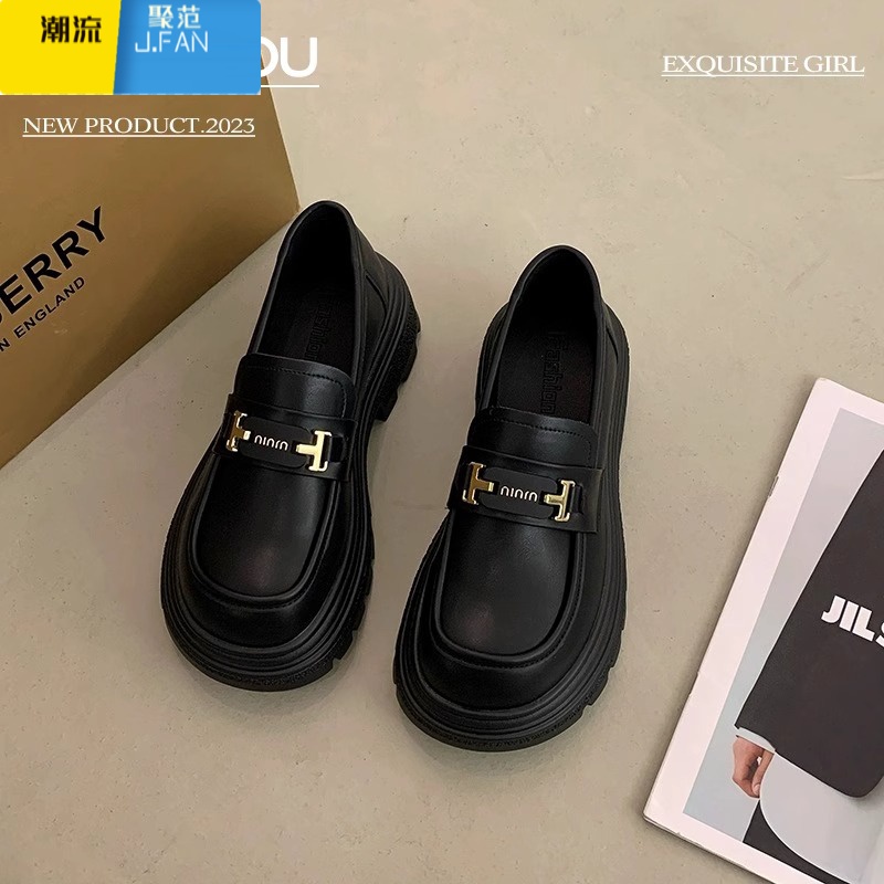 聚范厚底乐福鞋女2024新款加绒百搭黑色鞋子女单鞋英伦风小皮鞋