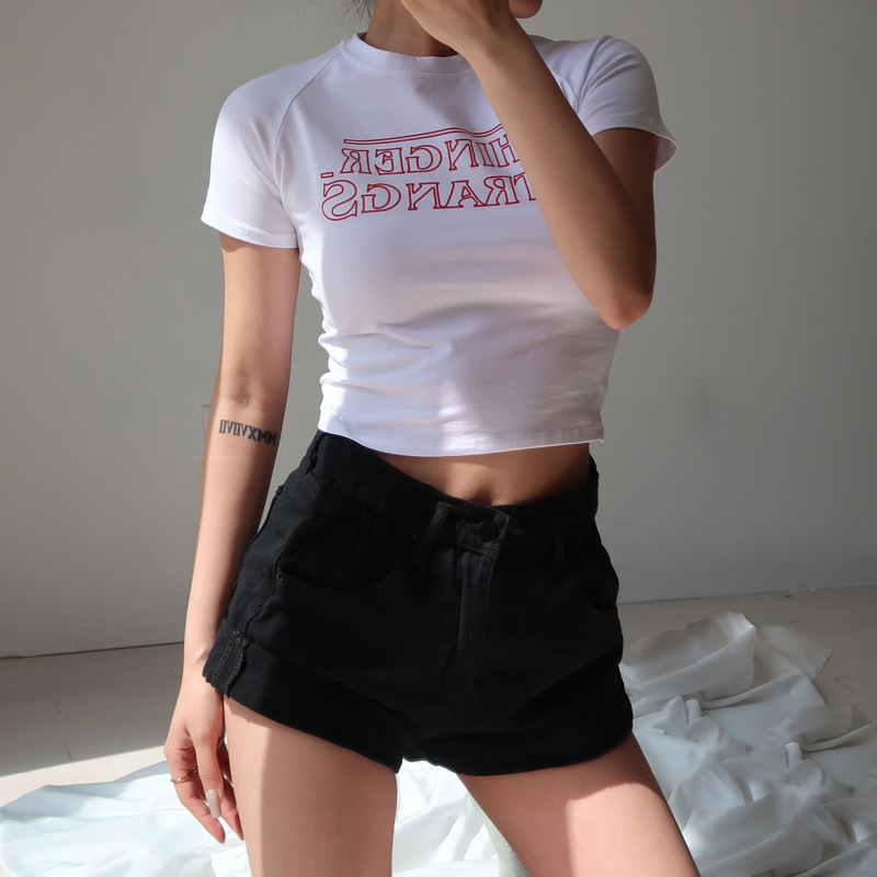 短款修身圆领短袖T恤女夏装韩版休闲高腰露脐修身显瘦上衣服女装