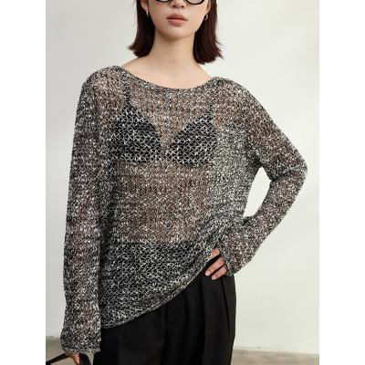 高级感花纱一字领镂空针织衫女新款内搭长袖防晒罩衫春季上衣女