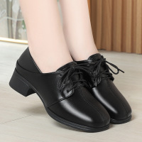 女士黑色小皮鞋女百搭粗跟上班工作鞋防水高跟系带单鞋休闲鞋软底