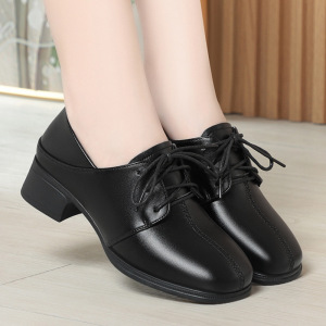 女士黑色小皮鞋女百搭粗跟上班工作鞋防水高跟系带单鞋休闲鞋软底