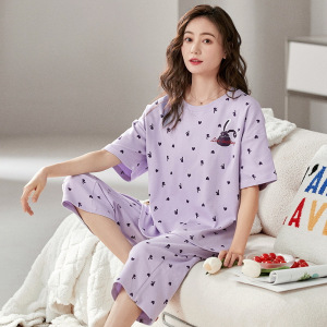 睡衣女夏季棉质短袖七分裤可爱卡通韩版可外穿休闲宽松家居服套装