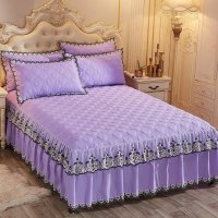 美帮汇床罩床裙式单件床套床群带蕾丝花边款公主风少女夹棉加厚床单围裙 紫色 180x200[床裙+2个枕套]