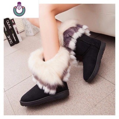 FISHBASKET长毛绒女鞋新款靴子女冬季雪地靴大棉棉鞋加绒平底中筒保暖鞋冬靴靴子