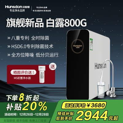 汉斯顿/Hunsdon净水器家用直饮自来水过滤厨房净化反渗透ro净水机800G大通量白露2L/min直饮出水