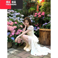 YIBUSHENG泡泡袖连衣裙女新款纯欲雪纺仙气不规则收腰海边度假长裙