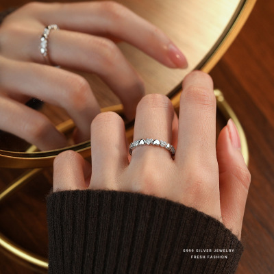 心连心微镶锆石爱心戒指女s999纯银开口百搭韩版轻奢指环足银手饰送女朋友老婆情人节七夕生日礼物