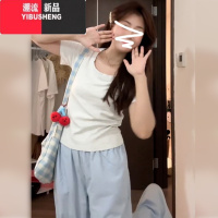 YIBUSHENG纯欲辣妹白色正肩t恤短袖女季2024新款修身短款上衣设计感小众
