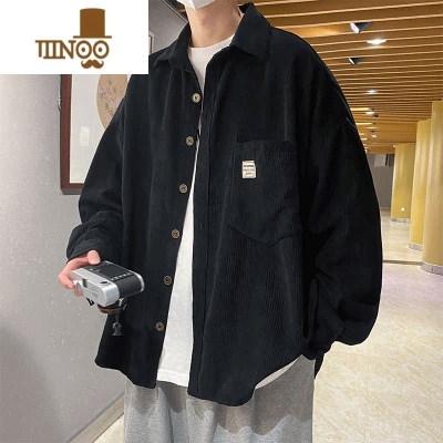 YANXU日系复古灯芯绒衬衫外套男2023秋季宽松休闲学生贴标衬衣