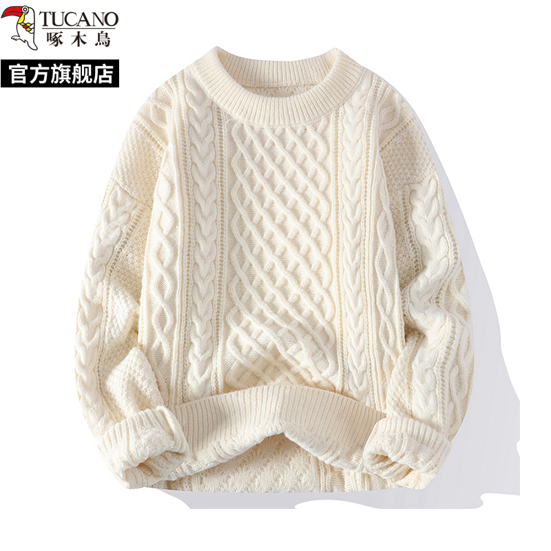 啄木鸟春秋新款圆领麻花毛衣男士冬季加绒针织打底衫内搭线上衣服