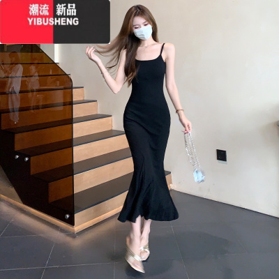 YIBUSHENG黑色连衣裙2024新款女季气质绝美收腰显瘦包臀鱼尾裙长裙子辣妹