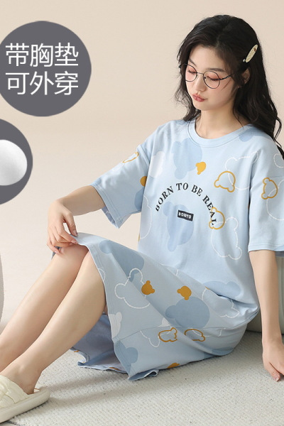 夏季带胸垫睡裙女短袖宽松休闲女士睡衣棉质可外穿卡通家居服大码_1