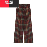 YIBUSHENG设计感抽绳格纹休闲裤女早春高腰宽松阔腿裤显瘦拖地裤子