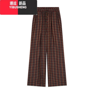 YIBUSHENG设计感抽绳格纹休闲裤女早春高腰宽松阔腿裤显瘦拖地裤子