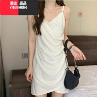 YIBUSHENG法式v领黑色吊带连衣裙女大码胖mm收腰显瘦纯欲性感包臀a字短裙