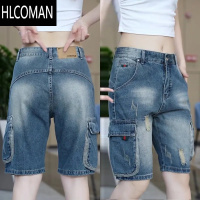 HLCOMAN美式复古工装牛仔短裤男士夏季薄款潮牌宽松五分裤多口袋休闲中裤