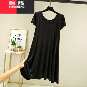 YIBUSHENG季韩版薄款莫代尔短袖连衣裙拼接中长款百褶裙女圆领打底裙大码