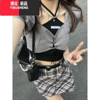 YIBUSHENG甜酷风辣妹泡泡袖短袖t恤女装设计感小众绑带挂脖吊带短款上衣