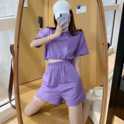 纯色抽绳短袖T恤夏季新款高腰显瘦宽松百搭运动短裤两件套装