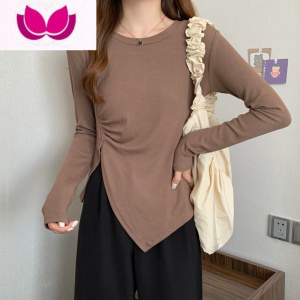 七斓大码女装遮肚子不规则开叉上衣春季胖妹妹圆领百搭长袖t恤打底衫