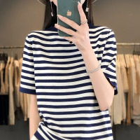 夏季新款冰丝条纹T恤女宽松圆领套头女式短袖T恤直筒针织衫女