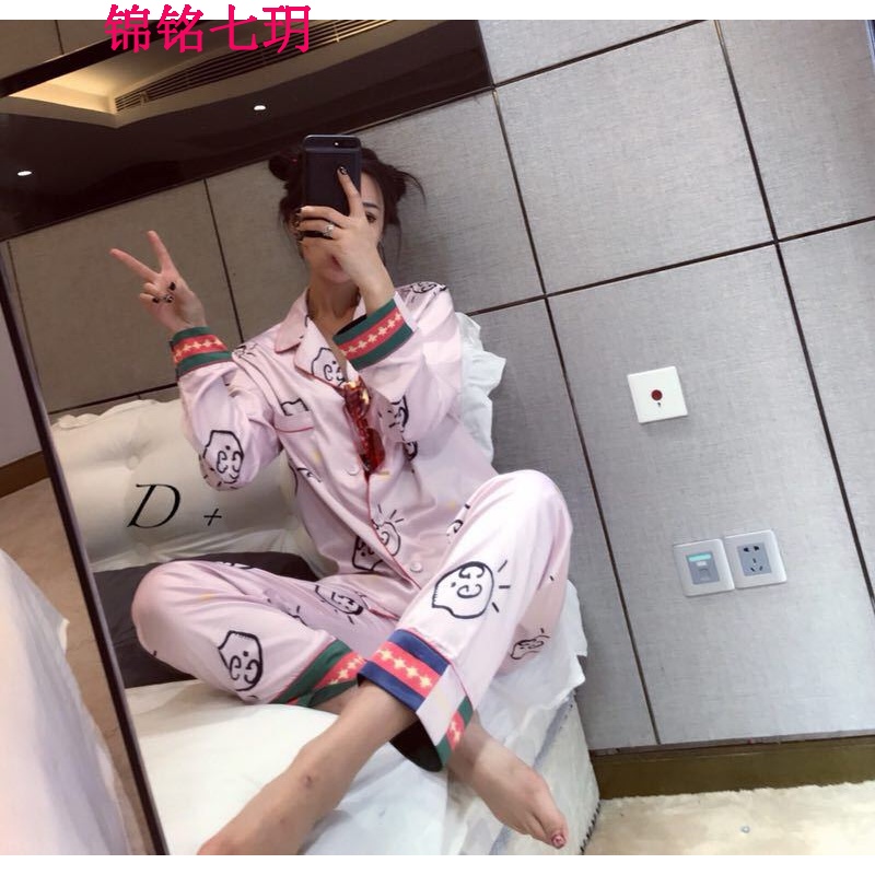 锦铭七玥春季新款甜美开衫印花图案长袖长裤仿真丝丝绸居服女士睡衣