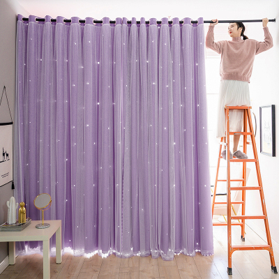 帘隔断免打孔可爱少女伸缩杆CIAA布艺卧室家用布贴纱镂空紫色帘宽3.0*1.7米高双开『送弹簧杆长1.6-2.1米』