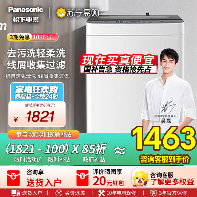 [吴磊推荐]松下洗衣机全自动波轮10公斤家用大容量节能省水抗菌除螨浸泡洗毛毯洗人工智能祛渍桶洗净 XQB100-T2F1