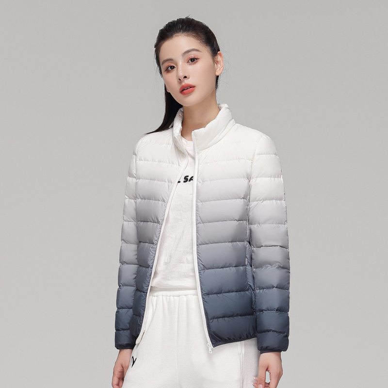 女装秋冬新款90绒轻薄羽绒服女款女式立领渐变色撞色外套