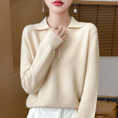 春秋装翻领Polo针织打底衫年新款时尚纯色薄款长袖毛衣女