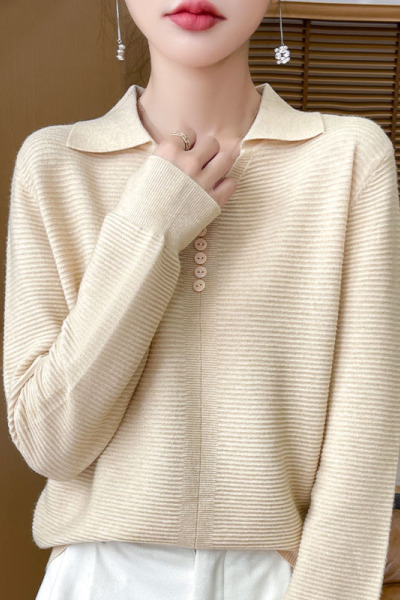 春秋装翻领Polo针织打底衫年新款时尚纯色薄款长袖毛衣女