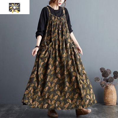 暖青汇过膝长款微胖女生穿搭大码吊带裙宽松棉麻印花减龄复古大摆连衣裙大码女装