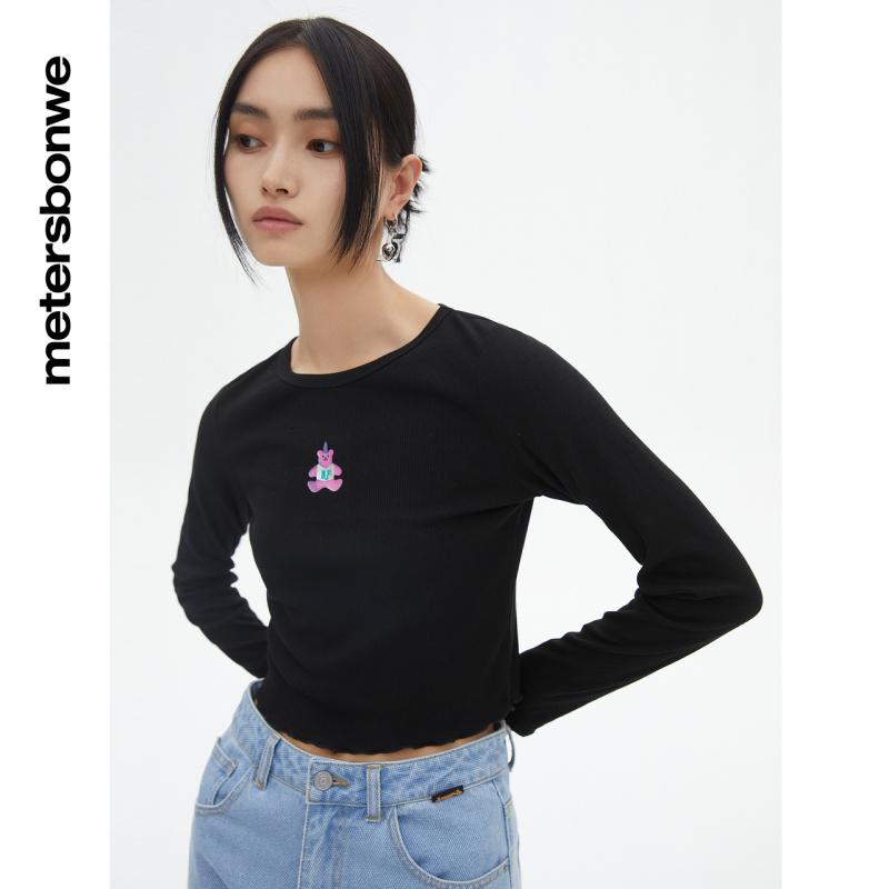 [1件5折价:44.5]美特斯邦威时尚撞色修身长袖T恤女春季舒适女士上衣