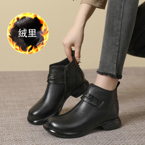 头层牛皮短靴大码软皮百搭低跟复古时装靴加绒低筒切尔西靴女