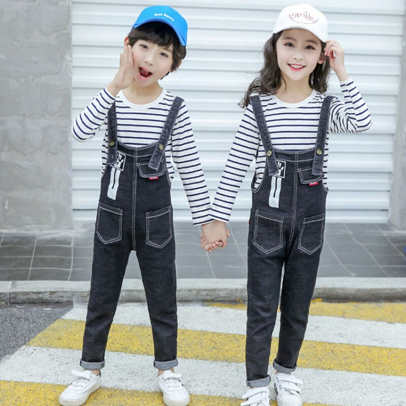 套装中大童男女同款春秋款牛仔背带裤长袖t恤两件套男孩女孩秋季衣服