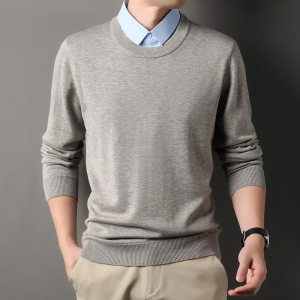 精纺含绵羊毛可机洗假两件毛衣男秋季新款330克翻领打底针织衫男