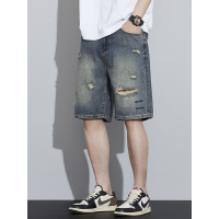 复古街潮男士破洞直筒牛仔裤新款宽松时尚高级感个性短裤日常休闲