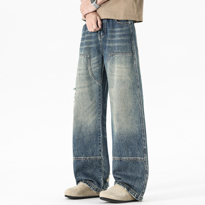 美式复古拼接牛仔裤男源头工厂破洞毛边宽松阔腿渐变水洗长裤