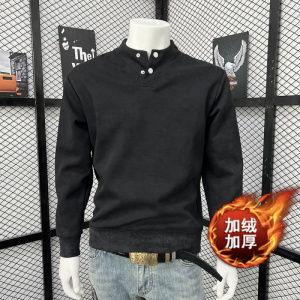 冬季新款小立领套头卫衣男高级简约保暖加绒打底衫圆领长袖上衣潮
