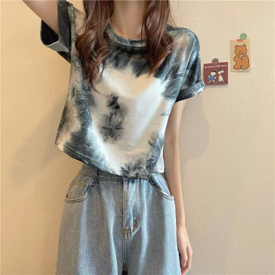 短款扎染打底衫圆领设计感上衣女夏高腰露脐INS学生情侣短袖T恤女