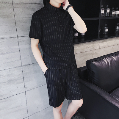 gurunvani网红条纹polo衫套装男潮牌潮流短袖T恤九分裤男装搭配一套帅气夏装大码