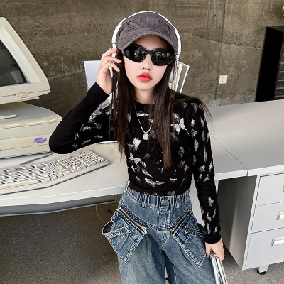 女童长袖套装秋装新款儿童洋气打底衫时髦牛仔工装裤两件套