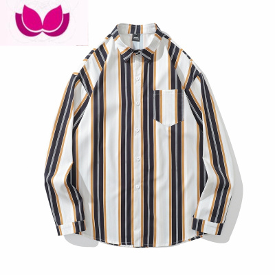 七斓日系复古竖条纹长袖衬衫男女秋季新款潮牌慵懒风宽松情侣休闲衬衣